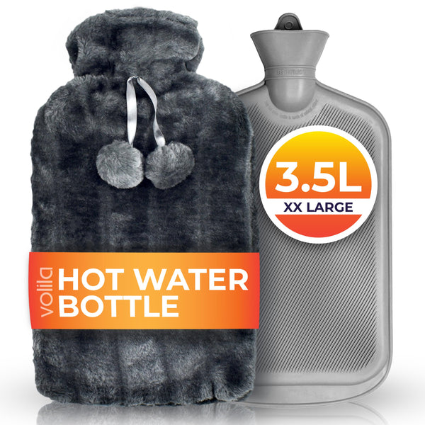 XXX-Large Hot Water Bottle with Cover - 3.5L Grey Hot Water Bag for Pain Relief - 118Fl Oz Extra Large Washable Soft Faux Fur, Big Hot Water Pack for Sore Muscles, Period Cramps, Hot and Cold Compress