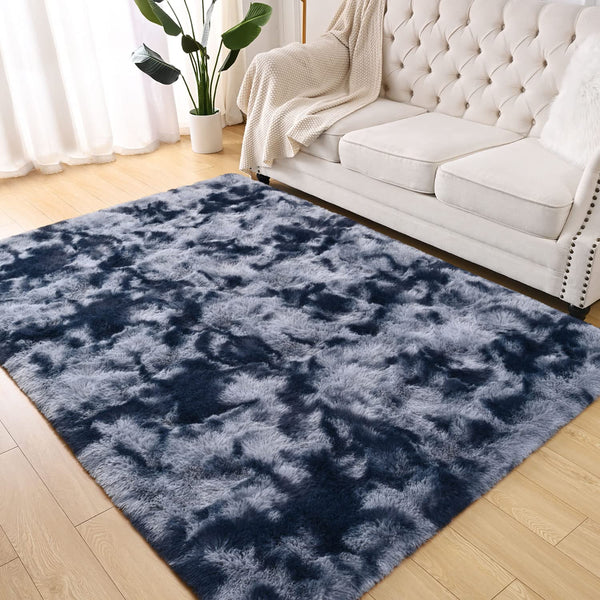 Terrug Fluffy Large Area Rugs for Living Room Bedroom, 4x6 Tie Dyed Blue Grey Rug for Boys Girls Room Decor, Soft Shag Non-Slip Carpet for Nursery, Luxury and Shaggy Kids Rug Floor Play Mat