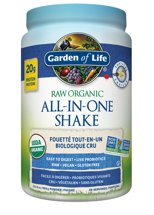 Garden of Life Raw All-in-One Nutritional Shake, Vanilla, (28 servings- 969g.) Packed with 20 grams of Certified Organic Plant Protein packed with incredible nutrition to help build lean muscle.Assists in the building of lean muscle when combined with reg