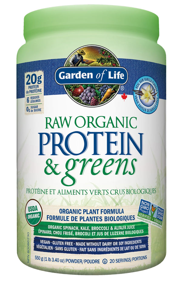 Garden Of Life Raw Organic Protein&greens - Vanilla 550.0 Gram Vanilla. Packed with 20g of protein, 6 veggies and 0g sugar. A delicious protein boost from organic sprouted brown rice, organic pea & organic chia, plus a blend of nutrient-rich greens. Glute