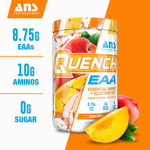 QUENCH EAA Aminos + Electrolytes - Complete Blend of 9 EAAs - 10g Total Amino Acids - Vitamins, Antioxidants, Electrolytes - ZERO Sugar, Carbs, Calories (Peach Mango)