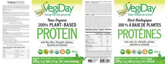 VegiDay Raw Organic Plant Based Protein 20g, unflavoured, 741g with Pea, Pumpkin, Chia, Quinoa, Spirulina & Chlorella