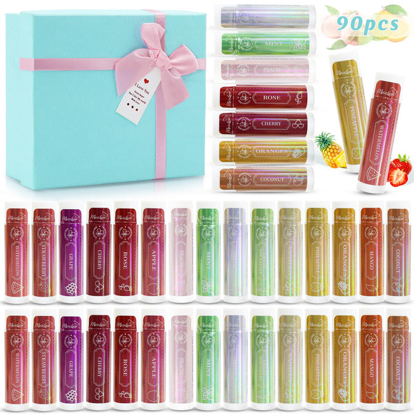 MuseLuxe 90 Pack Natural Lip Balm Bulk with Vitamin E and Coconut Oil,Moisturizing, Soothing, and Repairing Dry and Chapped Lips,Party Favors for Women - 15 Flavors