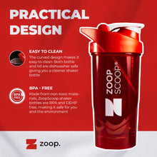 ZoopScoop Protein Shaker Bottle - Red | Portable Protein Powder Shaker Cup With Strainer & Leakprood Lid | 700ml - Easy Clean - BPA Free