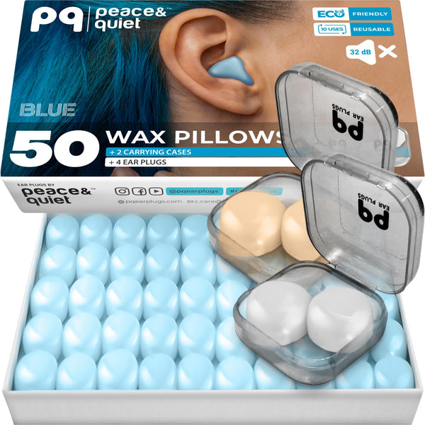 PQ Wax Ear Plugs for Sleeping, Swimming - 50 Noise Cancelling Silicone Gel Wax Earplugs, Ear Protection for Sleep and Swim, Soft Wax Pillows with Sound Blocking Level 32Db, (50 Pillows), Color: Blue