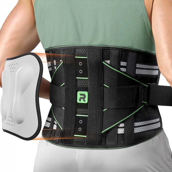 Rakiie Back Brace for Lower Back Pain Relief, 8X Powerful Lumbar Support with 3D Pad Massage, Back Support Belt for Men Women, Breathable Back Support Brace with Adjustable Strap for Herniated Disc, Sciatica, Green Size M (Waist: 33.5"-39.4")