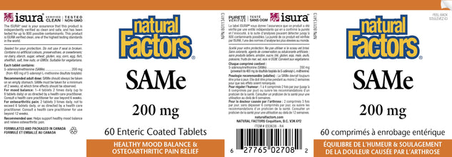 Natural Factors SAMe 200 mg, 60 enteric coated tablets, Helps Support Mood Balance and Helps Relieve the Pain of Osteoarthritis