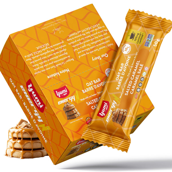 Yumi Caffeinated Protein Energy Bars,Salted Caramel, 100mg Caffeine, 10g Pea Protein, Low Sugar, Dairy Free, Egg Free, Soy Free, Boost Brain Focus, Clarity, Sustained Energy