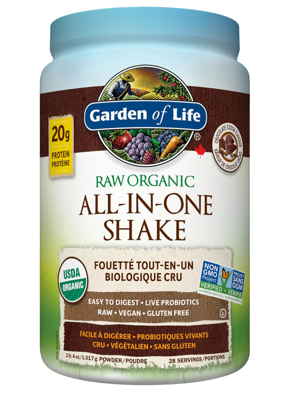 Garden of Life Raw All-in-One Nutritional Shake, Chocolate Cocoa, (28 servings- 1017g) Packed with 20 grams of Certified Organic Plant Protein packed with incredible nutrition to help build lean muscle. Assists in the building of lean muscle when combined