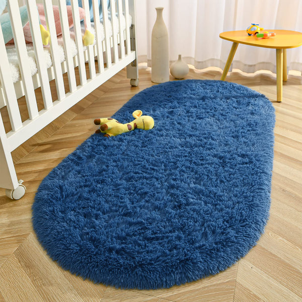 Terrug Fluffy Area Rug for Bedroom Living Room,Soft Oval Girls&Boys Rugs for Kids Room Baby Nursery,Light Navy Carpet for Dorm Teen's Room-Home Decor Shaggy Plush Throw Rug 2.6 x 5.3 Feet Light Navy