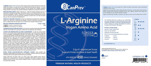 CanPrev L-Arginine Vegan Amino Acid Powder 450g 180-Servings - Supports Protein Synthesis & Heart Health - 2.5g L-Arginine Per Scoop - Enhances Athletic Performance & Energy - Pre-Workout Easy Mix