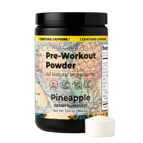 Santa Cruz Paleo Natural Pre Workout Powder, Pineapple, Keto Preworkout Electrolytes with Magnesium, Potassium, L-Citrulline, 150mg Caffeine, Sugar Free Drink Mix for Energy & Hydration, 30 Servings