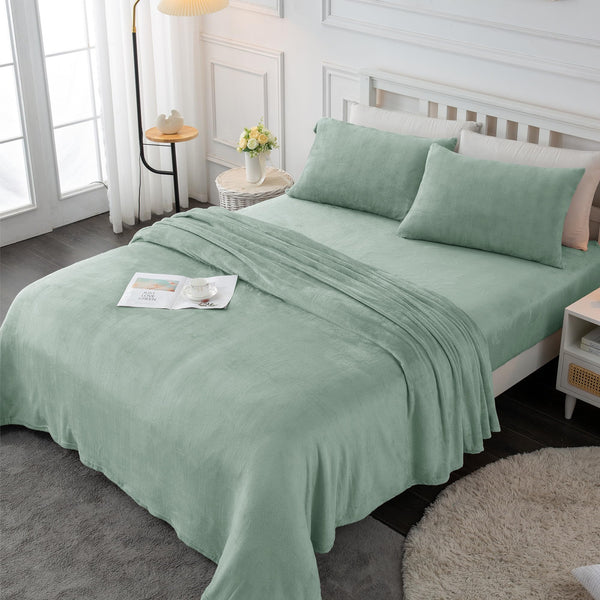 Softan Micro Fleece Bed Sheet Set, Queen 4-Piece Polar Fleece Sheet Set Includes Flat Sheet, Pillowcases and 15" Deep Pocket Fitted Sheet, Velvet Plush Bedding Set, Warm and Soft, Sage Green