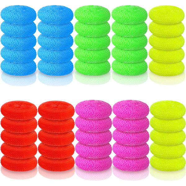 Uiifan 50 Pcs Plastic Dish Scrubbers for Dishes Nylon Dish Scrubber Plastic Pot Round Non Scratch Mesh Dish Pads for Kitchen Household Cleaning, 5 Colors