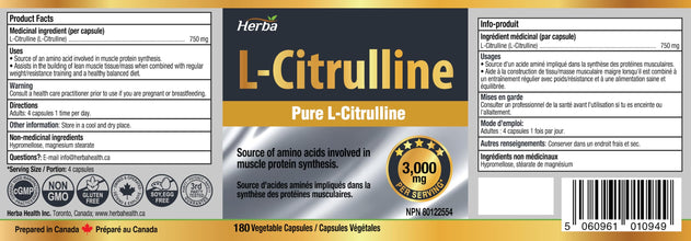 Herba L-Citrulline Capsules 750mg – 180 Vegetable Capsules | 3,000mg Per Serving | Pure L Citrulline Nitric Oxide Supplement | NPN from Health Canada | Made & 3rd Party Tested in Canada