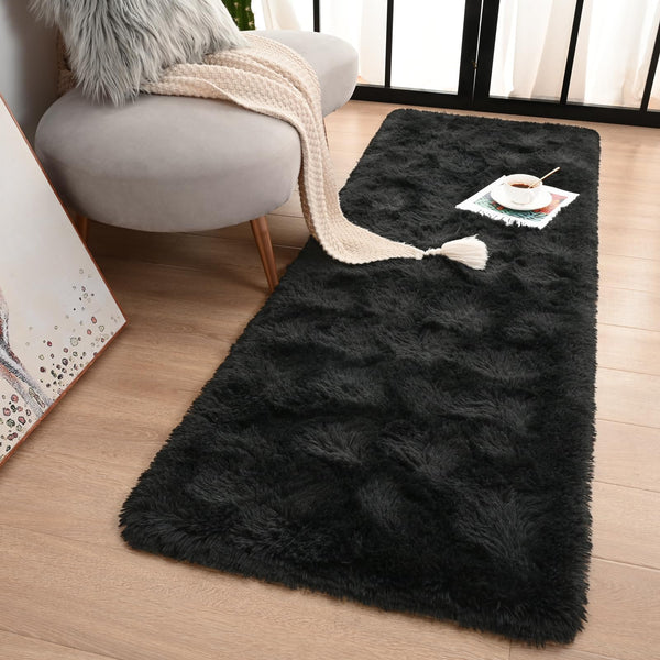 Terrug Fluffy Runner Rug for Bedroom Living Room, 2x6 Black Area Rug Washable Shag Carpet, Super Soft Fuzzy Plush Non-Slip Cute Modern Kids Rug for Nursery Hallway Bedside College Dorm Kids Room Decor