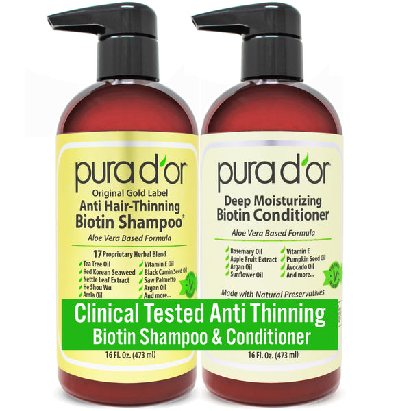 PURA D'OR Biotin Original Gold Label Anti-Thinning Shampoo & Conditioner Set (473ml x 2) Clinically Tested Effective Solution w/Herbal DHT Ingredients, All Hair Types, Men & Women (Packaging may vary)