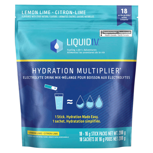 Liquid I.V. Electrolyte Drink Mix for accelerated hydration, Lemon Lime, Hydration Multiplier with Vitamins B3, B5, B6, B12 and C, 288 g, 18 on-the-go sticks