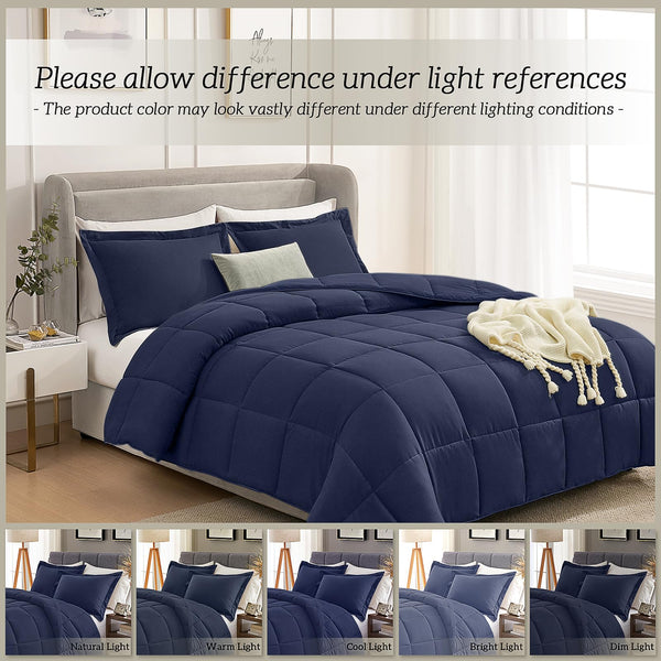 Homelike Moment California King Comforter Set Navy Blue, Lightweight Cal King Comforter Set Soft Down Alternative Bedding Sets All Season 3 Pcs Bed Set, 1 Comforter 104”x96“+2 Shams 20“x36”