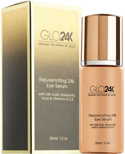 GLO24K Eye Serum with 24k Gold, Hyaluronic Acid, and Vitamins A,C,E. Potent Formula for the Delicate Skin around the Eyes.