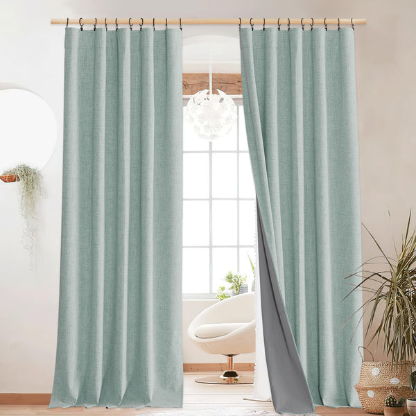 NICETOWN 100% Blackout Seafoam Green Linen Curtains 90 inches Length 2 Panels with Thermal Insulated Liners, Farmhouse Style Room Cooling Small Window Draperies for Dining Room(2 Panels,52" W)