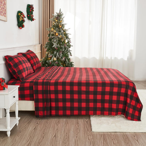 Softan Fleece Full Sheets Set 4-Piece Fuzzy Bed Sets with 15" Deep Pocket Fitted Sheet, Flat Sheet and Pillowcase，Red Buffalo Plaid