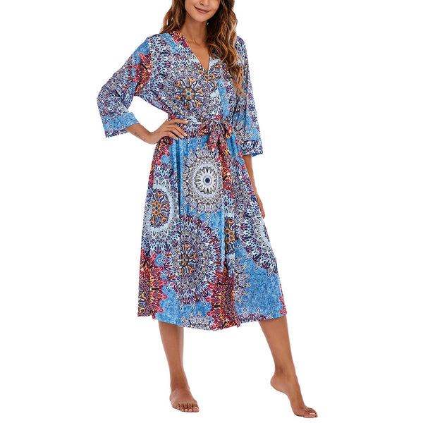 Women Kimono Robes Long Knit Bathrobe Lightweight Soft Knit Sleepwear V-neck Casual Ladies Loungewear mix blue M