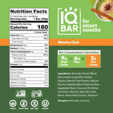 IQBAR Brain + Body Protein Bars, Matcha Chai, Keto, Vegan, Paleo Friendly, Low Sugar, Low Net Carb, High Fiber, Gluten Free, No Sugar Alcohols, 12 Count