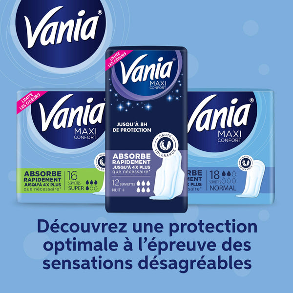 Vania Sanitary Towels, Maxi Comfort, Night Plus, Extra Long, Up To 8 Hours Protection, 12 Units