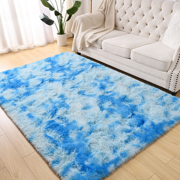 Terrug Fluffy Large Area Rugs for Living Room Bedroom, 4x6 Tie Dyed Blue Rug for Boys Girls Room Decor, Soft Shag Non-Slip Carpet for Nursery, Luxury and Shaggy Kids Rug Floor Play Mat