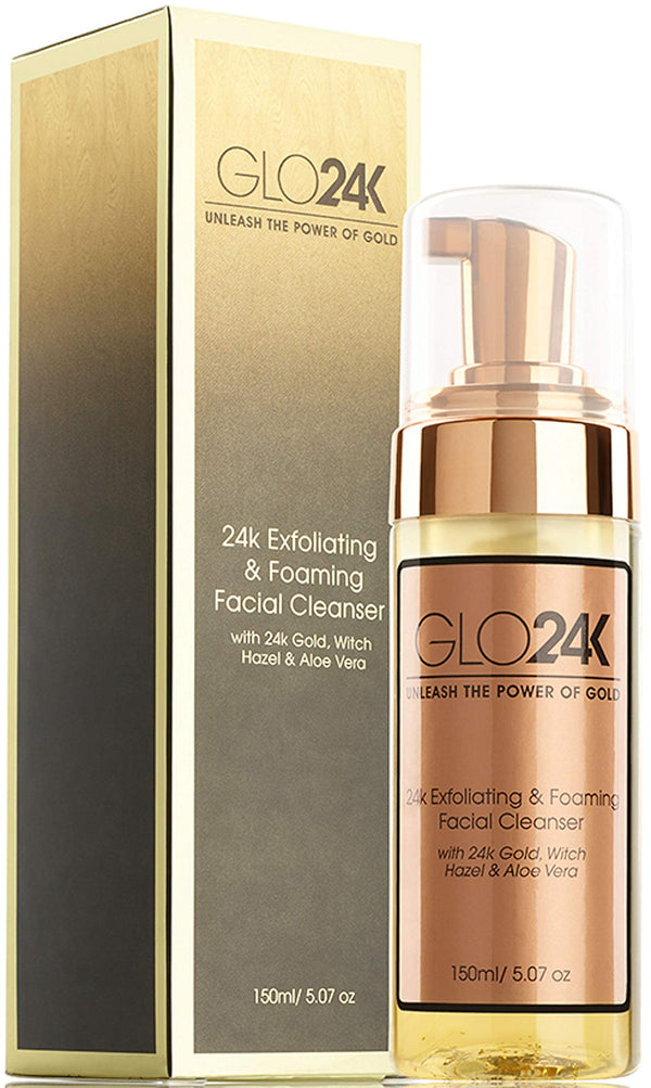 GLO24K Exfoliating & Foaming Facial Cleanser with 24k Gold, Witch Hazel, and Aloe Vera. For an Everyday Beauty Routine.