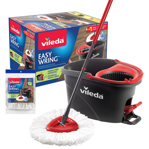 Vileda EasyWring Spin Mop System with 1 Extra Head Refill | Machine Washable & Reusable Mop Head | Hands-Free Wringing Mop Bucket | Extendable Handle | Safe on All Floor Types