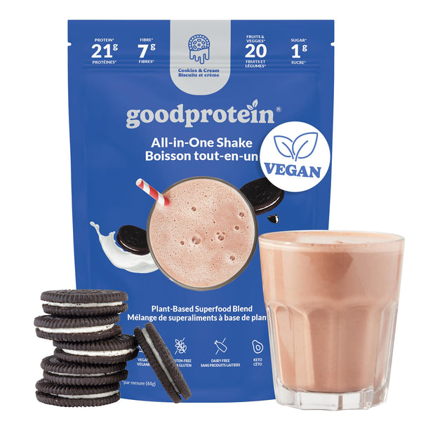 Good Protein Vegan Plant-based Protein Powder 100% Natural, Non-GMO, Dairy-free, Gluten-free, Soy-free, No Added Sugar and Nothing Artificial. Cookies & Cream All-in-One Shake 440 grams