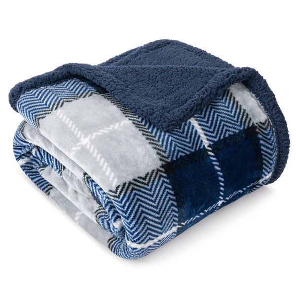 PAVILIA Premium Plaid Sherpa Fleece Throw Blanket | Super Soft, Cozy, Plush, Lightweight Microfiber, Reversible Throw for Couch, Sofa, Bed, All Season (50 X 60 Inches Navy Blue)