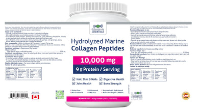 Orthomolecular Essentials Hydrolyzed Marine Collagen Peptides - Pure Canadian-Made 10,000mg Powder for Radiant Skin, Strong Bones, and Joint Support, 600g