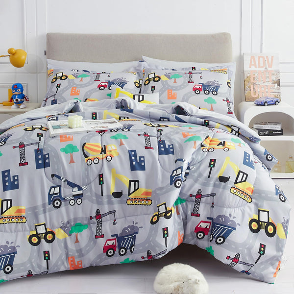 Mooreeke Kids Bedding Sets, 8 Pcs Excavator for Boys & Girls Full Size Kids Boys & Girls Teens Comforter Set Bed in Bag with Shams, Sheet Set & Decorative Toy Pillow