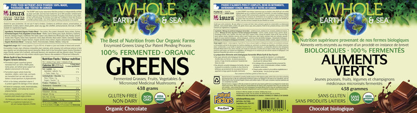 Natural Factors Whole Earth & Sea Greens, Organic Chocolate Flavour, 438g, Powder, 100% Fermented and Organic, 6 g of Plant Protein per serving, Supports Active, Healthy and Sustainable Lifestyle