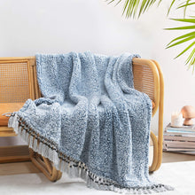 Ultra Soft Cozy Sherpa Throw Blanket, Light Weight Warm Decorative Throw Blanket with Tassel, 2 Tones Ombre Navy Blue Pattern Reversible Boho Style Blanket for Sofa, Couch, Bedroom,Travel, 50”x60”