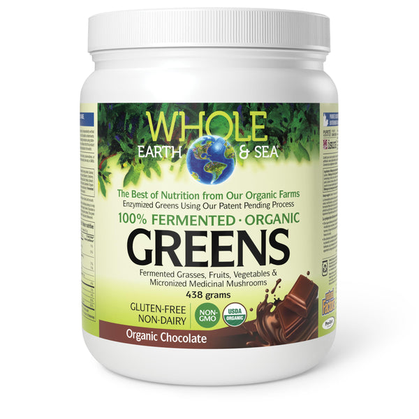 Natural Factors Whole Earth & Sea Greens, Organic Chocolate Flavour, 438g, Powder, 100% Fermented and Organic, 6 g of Plant Protein per serving, Supports Active, Healthy and Sustainable Lifestyle