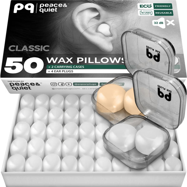 PQ Wax Ear Plugs for Sleeping, Swimming - 50 Noise Cancelling Silicone Gel Wax Earplugs, Ear Protection for Sleep and Swim, Soft Wax Pillows with Sound Blocking Level 32Db, (50 Pillows), Color: White