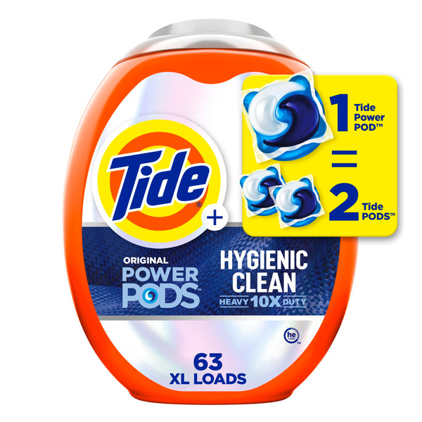 Tide Hygienic Clean Heavy 10x Duty Power PODS Laundry Detergent Liquid Soap Pods, Original, 63 count, For Visible & Invisible Dirt