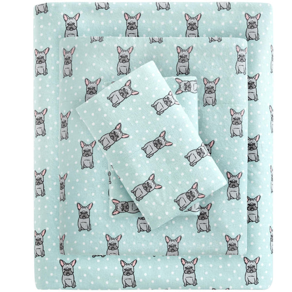 True North by Sleep Philosophy Cozy Flannel Warm 100% Cotton Sheet - Novelty Print Animals Stars Cute Ultra Soft Cold Weather Bedding Set, Twin XL, Aqua French Bulldog 3 Piece