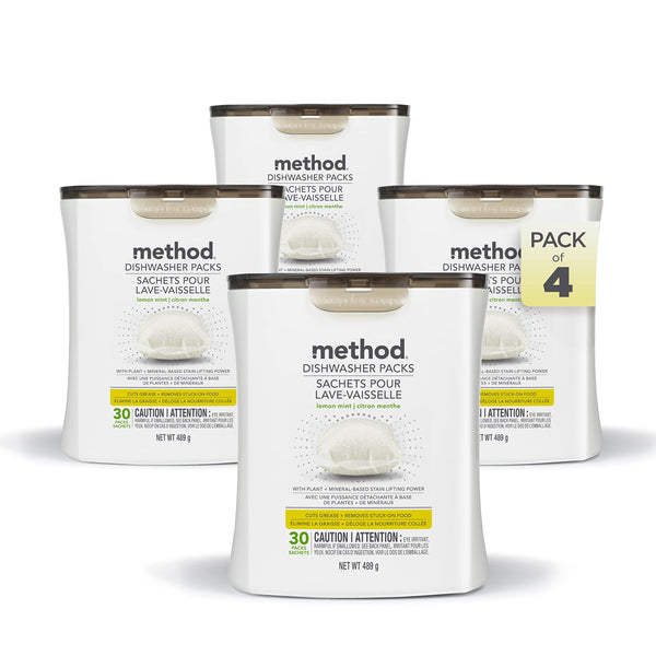 Method Dishwasher Pods, Dishwasher Detergent that Lifts Tough Grease and Stains, Lemon Mint, 4 Pack (120 Total Pods)