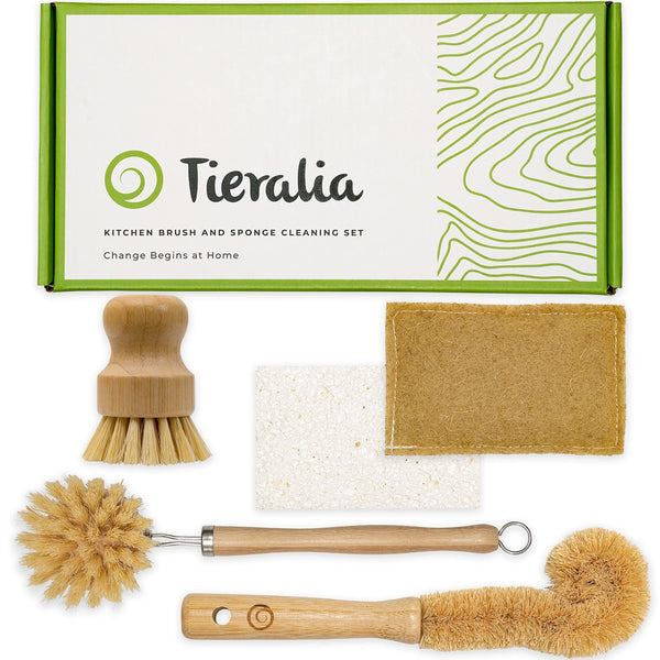 Tieralia 5-Piece Eco-Friendly Bamboo Dish Brush Set with Compostable Wood Pulp Sponges | Bamboo Kitchen Cleaning Set