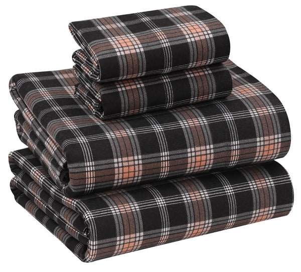 Ruvanti Flannel Sheets Queen Size - 100% Cotton Double Brushed Bed Sheets, Deep Pockets 16 Inches Queen Sheet Set, All Seasons Breathable & Extra Soft - Warm & Cozy, 4 Piece, Peach & Black Plaid