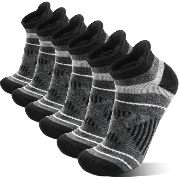 Merino Wool Ankle Running Hiking Socks Warm Thermal Winter Compression Thick Cushion No Show Moisture Wicking Gifts Stocking Stuffers Socks for Men Women 6 Pairs(Black,L)