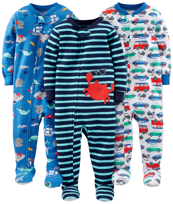 Simple Joys by Carter's Baby Boys' 3-Pack Snug-Fit Footed Cotton Pajamas, Crab/Sea Creatures/Cars, 12 Months