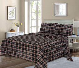 Ruvanti Flannel Sheets Queen Size - 100% Cotton Double Brushed Bed Sheets, Deep Pockets 16 Inches Queen Sheet Set, All Seasons Breathable & Extra Soft - Warm & Cozy, 4 Piece, Peach & Black Plaid