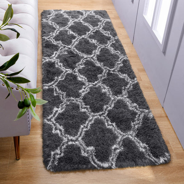 LOCHAS Luxury Shag Area Rug Modern Indoor Plush Fluffy Rugs, Extra Soft and Comfy Carpet, Geometric Moroccan Rugs for Bedroom Living Room Girls Kids Nursery, 2x6 Feet Dark Grey/White