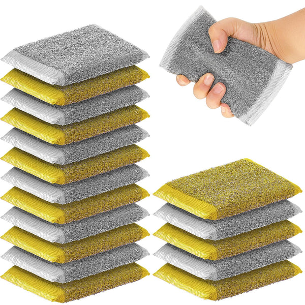 Thyle 24 Pack Steel Scrub Sponges for Dishes Non Scratch Scouring Sponge Multi Use Metal Scrubber Heavy Duty Dish Wash Kitchen Sponge for Pot Dish Washing Hard Surface Cleaning Tools (Gray, Yellow)